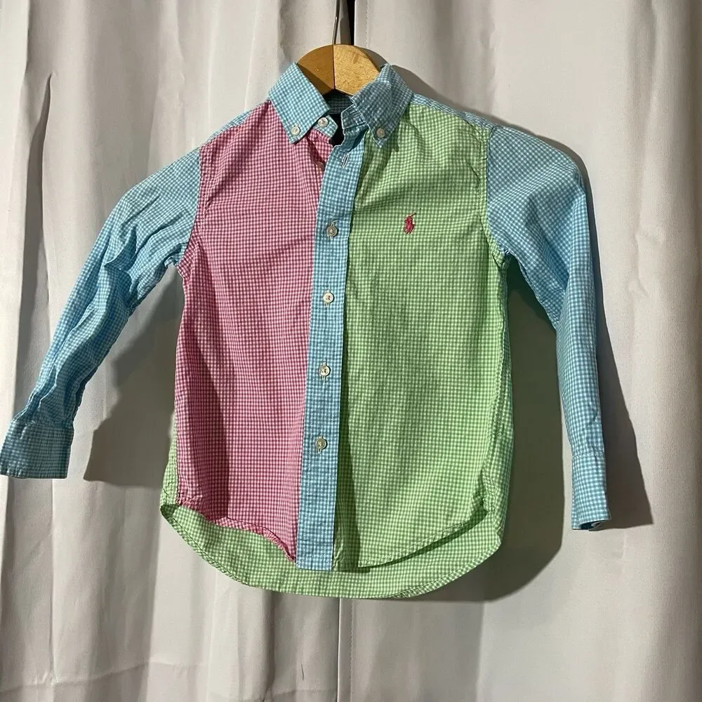 Ralph Lauren Boys Shirt Multicolor Color Block Checked Pony Button 4T